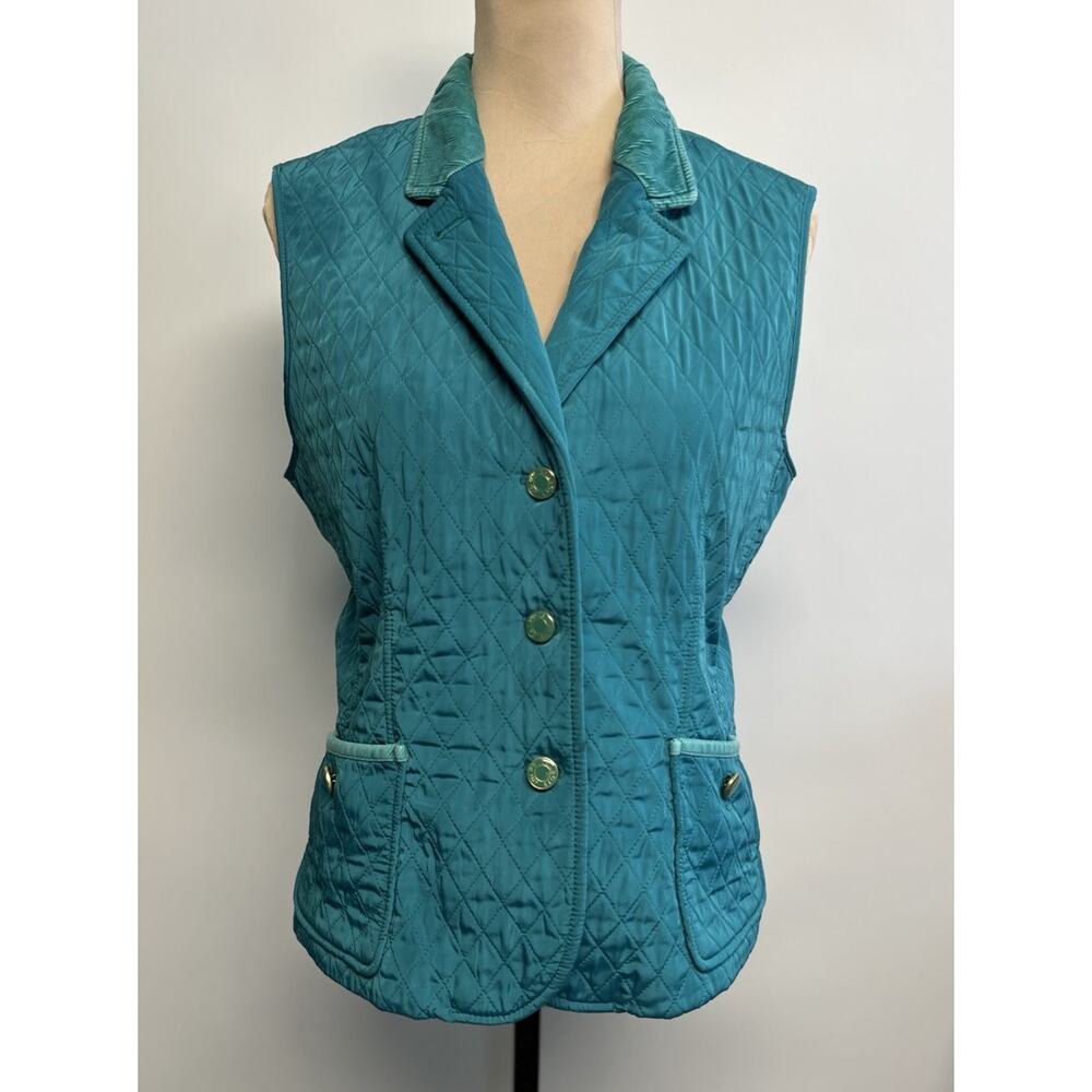 TALBOTS PM Equestrian Quilted Vest Teal Corduroy Collar Medium Fleece Lined Prep
